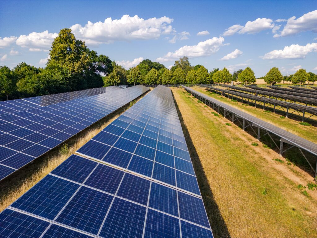 Feld mit Photovoltaik-Anlage